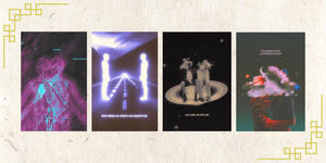Surreal digital art: two glowing skeletons in an embrace; two bright silhouettes standing at the ends of a highway; a couple sitting inside Saturn’s rings with flowers for heads; and a kissing couple with their heads hidden in a small galaxy.