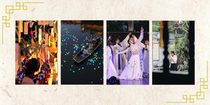 Star Festival celebrations across East Asia: a person tying a wish to Tanabata bamboo in Japan; a Qixi riverboat in China; a Chilseok reunion dance in South Korea; and quiet courtyard prayers for Thất Tịch in Vietnam.