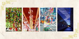 Tanabata scenes in Japan: a miko under a glowing bamboo canopy at Kifune Shrine; rows of glass wind chimes at Heian Shrine; high-energy folk dancing at Shitamachi Tanabata; and a blue Milky Way river light tunnel in Kyoto.