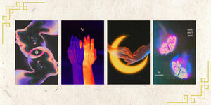 Surreal digital art: two translucent profiles melting together with an eye motif; two hands reaching under a crescent moon; hands holding over a massive orange moon; and two glowing, iridescent butterflies with the text "souls don't meet by accident."