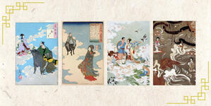 Historic star lover artworks: woodblock prints by Yoshitoshi and Kuniyoshi showing Orihime and Hikoboshi with an ox; Ren Shuaiying’s vibrant Chinese painting with magpies; and an ancient Han dynasty tomb mural from Shaanxi, China.