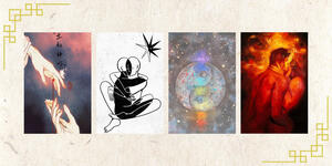 Abstract soulmate art: two hands linked by a red thread from Heaven Official's Blessing; a minimalist black-and-white embrace by Léna Mačka under a star; a cosmic Yin Yang galaxy painting; and an intimate couple embracing in flames.